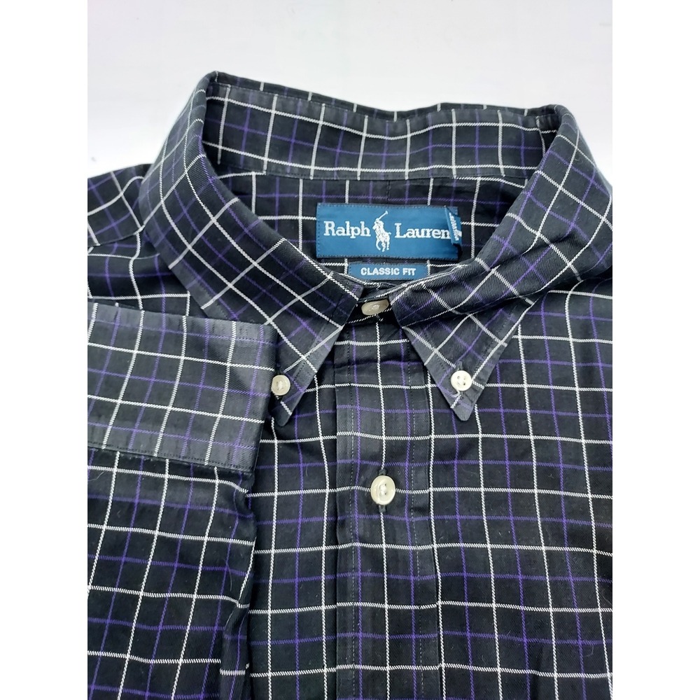 Ralph Lauren XXL Plaid Button Down Shirt Black Purple White Mens Classic‎ Fit